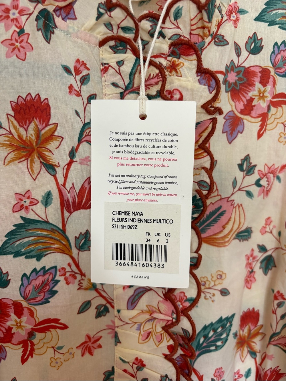Sézane Maya Blouse Fleurs Indiennes Floral Ruffle Size 34 US 2 NWT - Picture 6 of 16